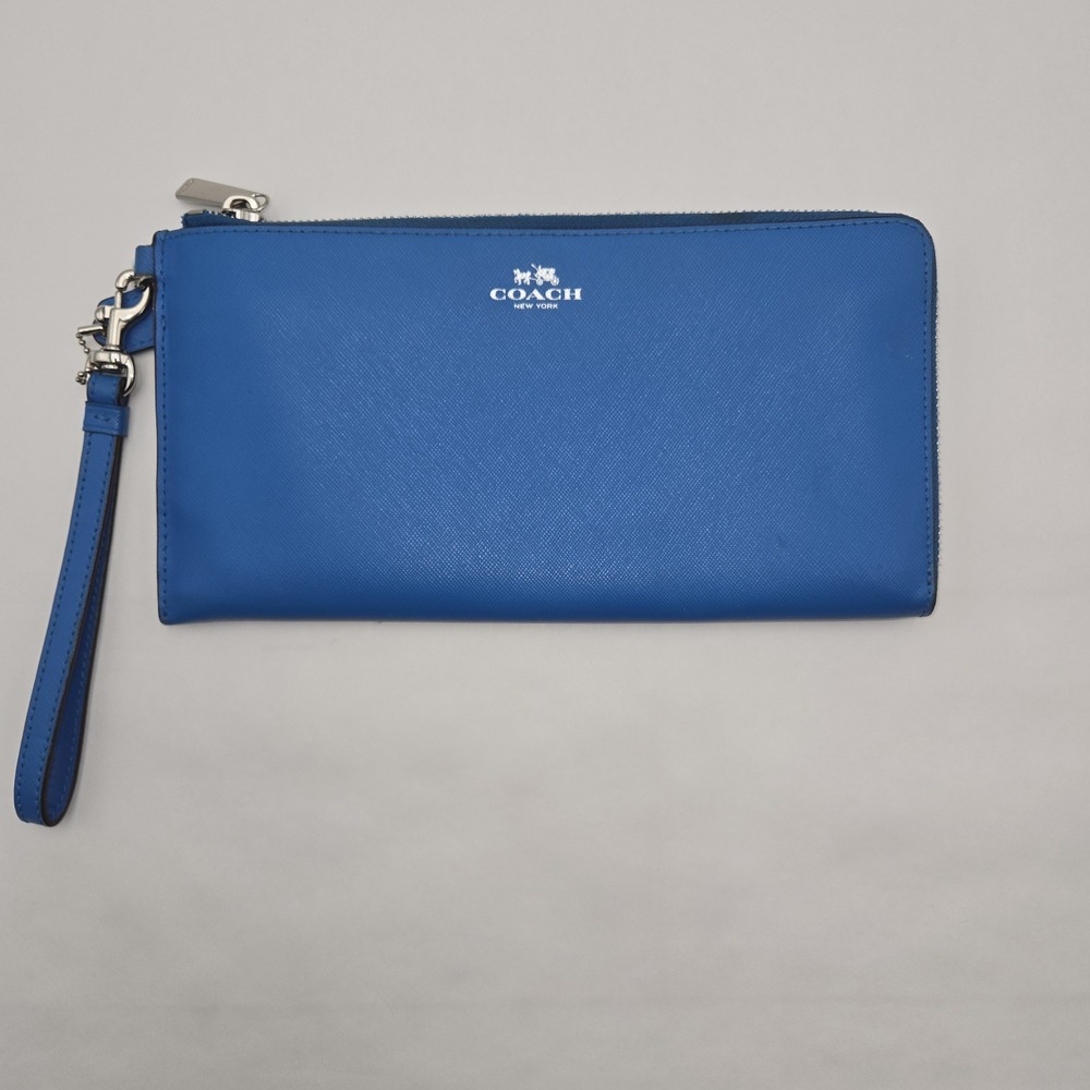 Coach Blue Saffiano Leather Zip Wristlet Clutch‎ Purse Interior Stains